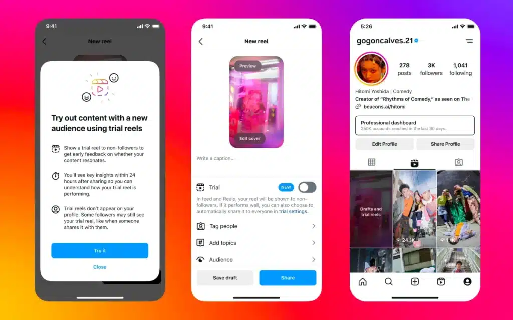 A screenshot of a user using the new instagram trial reels feature.